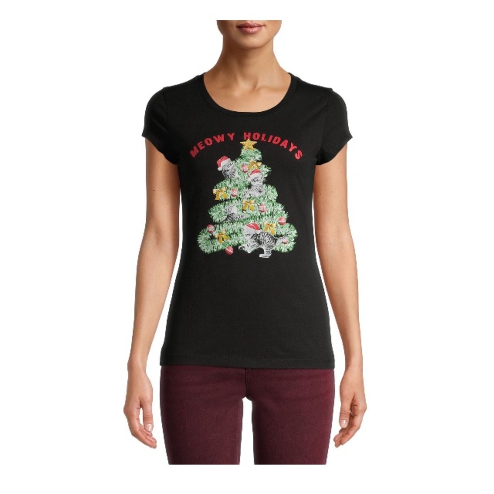 Juniors Meowy Holidays Graphic T-Shirt